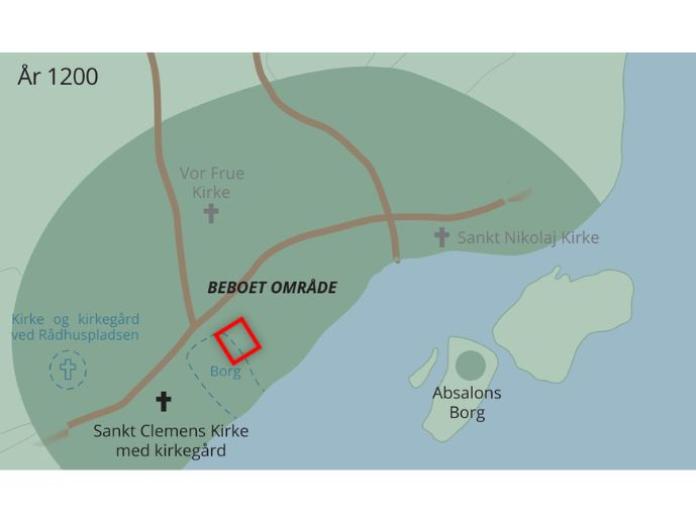 Rød markering viser udgravningens placering på en rekonstruktion af København omkr. 1200. Fra: Roesdahl 2023, Fra Vikingetid til Valdemarstid