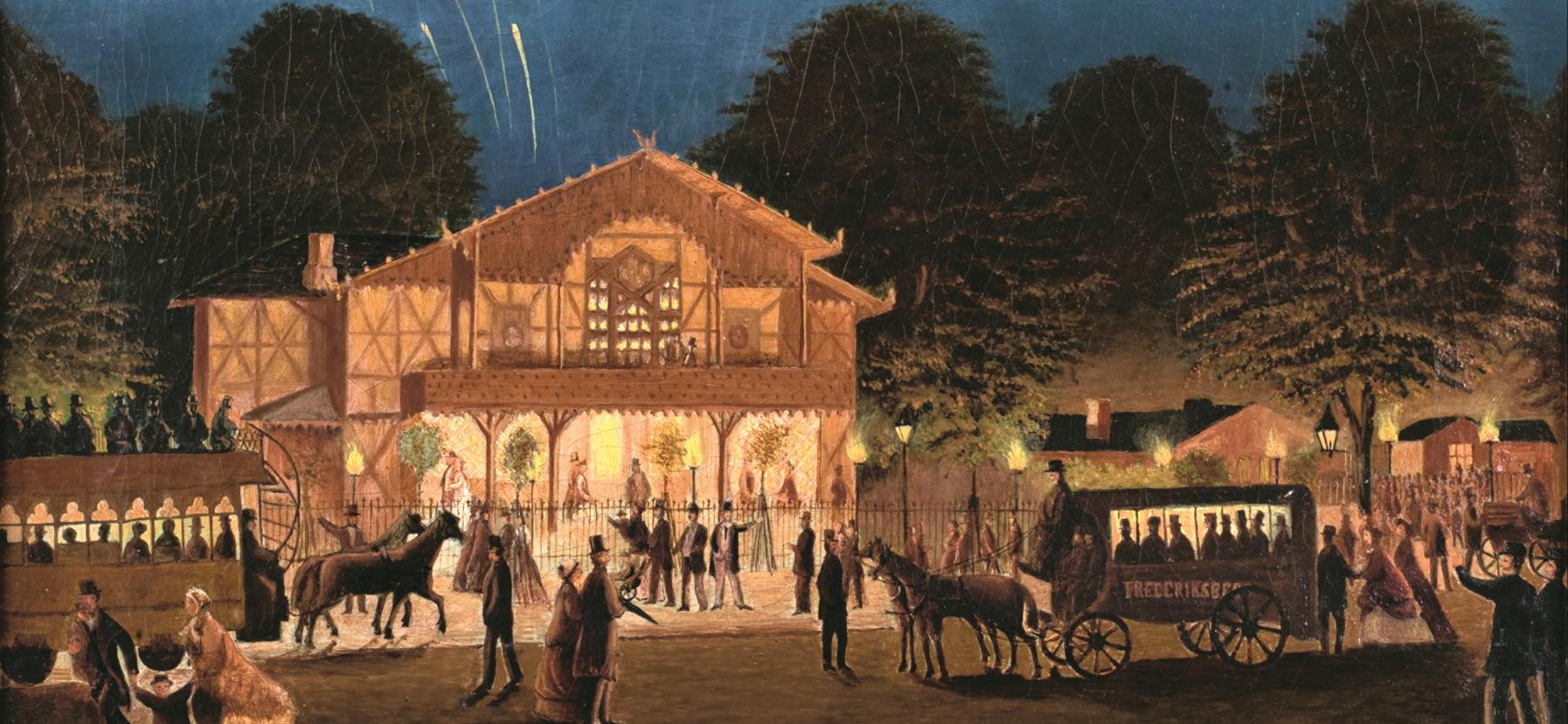 Fyrværkeri i Tivoli set fra Vesterbros Passage ved varietéen Kisten, 1870. Folkeliv med omnibus og dobbeltdækkersporvogn. 