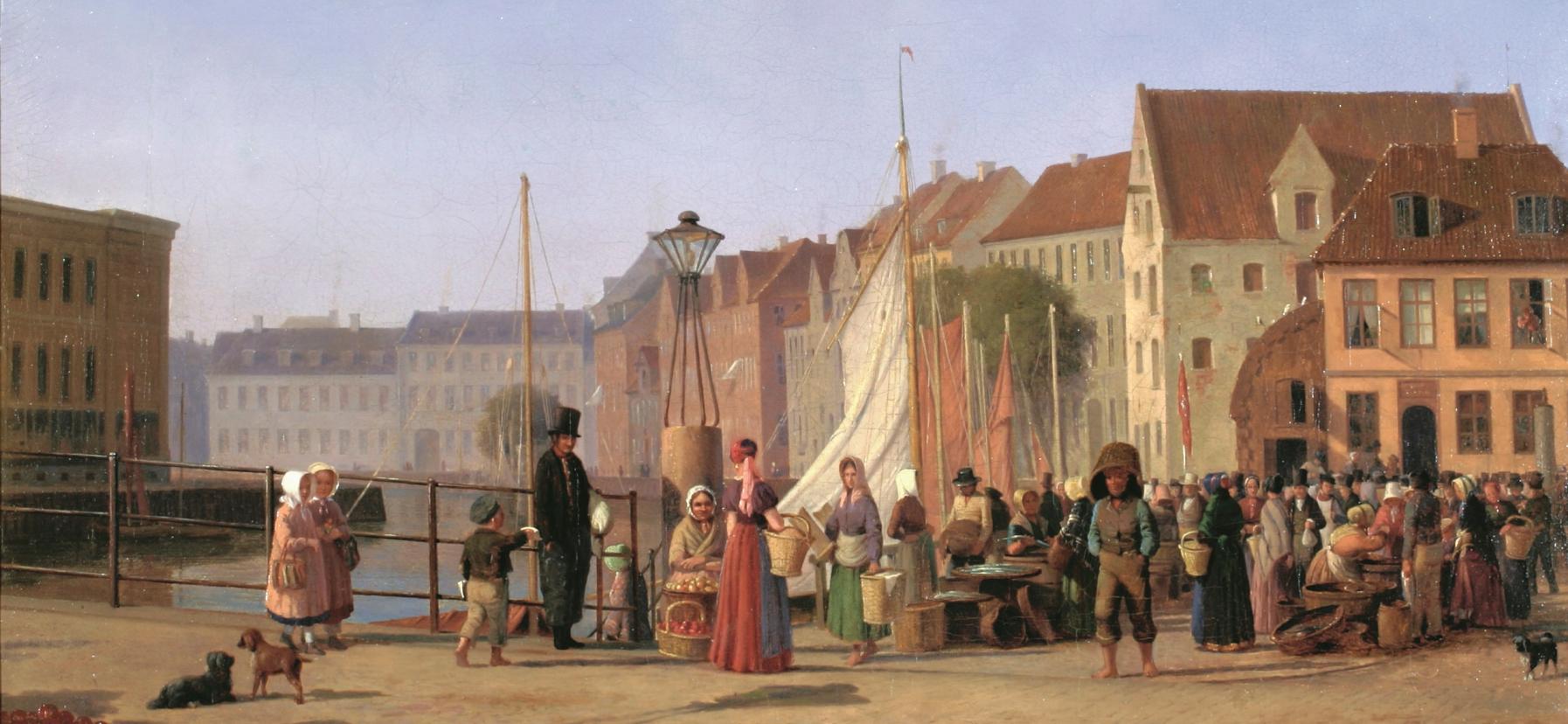 Maleri af Gammel Strand med mennesker i 1800-tals klædedragt