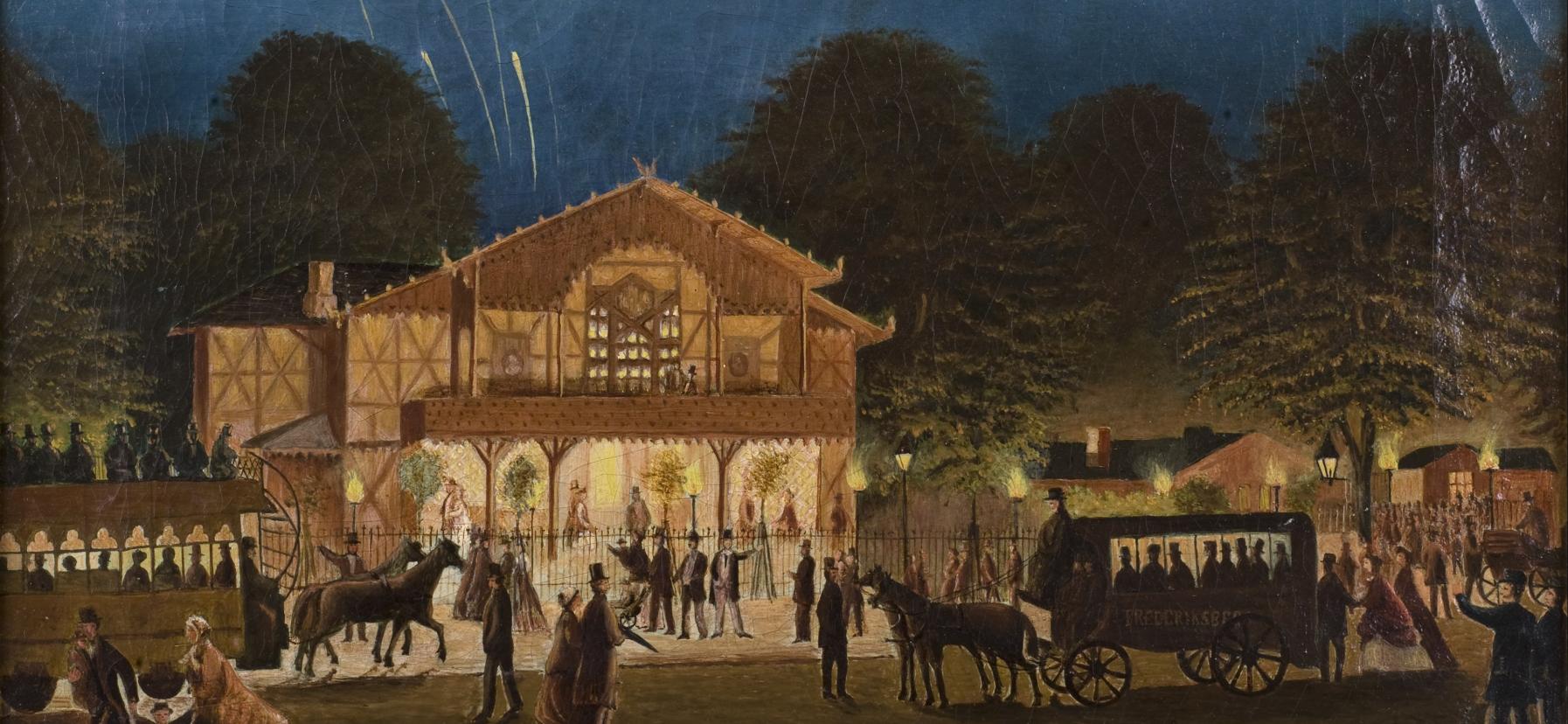 Fyrværkeri i Tivoli set fra Vesterbros Passage ved varietéen Kisten, 1870. Folkeliv med omnibus og dobbeltdækkersporvogn. 
