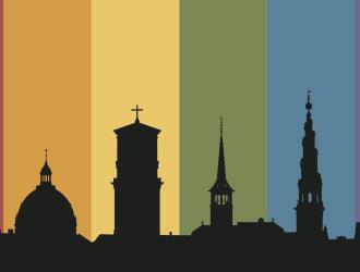 Grafik af Københavns skyline på regnbuebaggrund