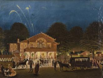 Fyrværkeri i Tivoli set fra Vesterbros Passage ved varietéen Kisten, 1870. Folkeliv med omnibus og dobbeltdækkersporvogn. 